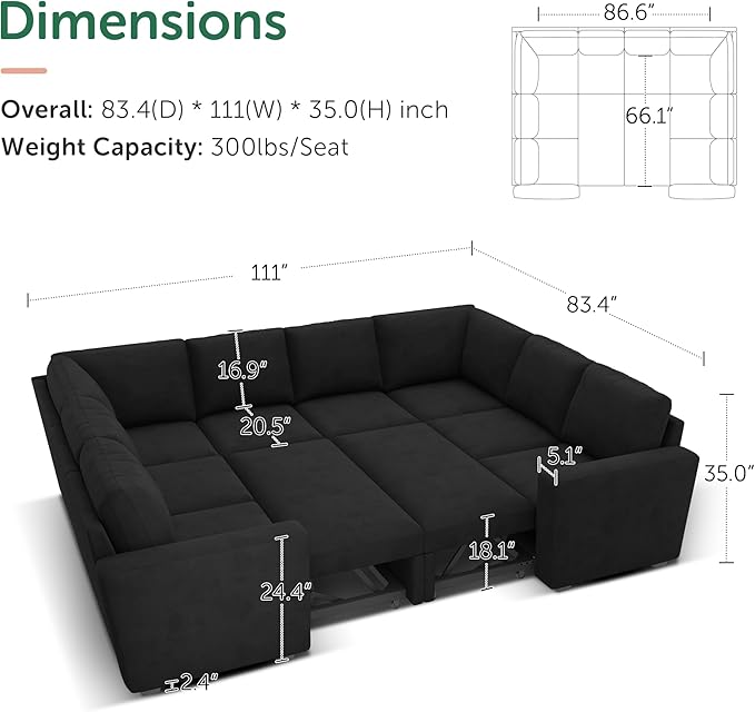 HONBAY Sleeper Sectional Couch with Pull Out Bed, Velvet Modular Sofa with Storage, U Shaped Sectional Couches for Living Room, Black