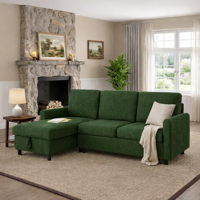 JAMFLY Pull Out Sleeper Sectional Sofa, L Shaped Corduroy Couch with Hidden Storage, Convertible Sofa Bed for Small Living Rooms and Apartments, Green