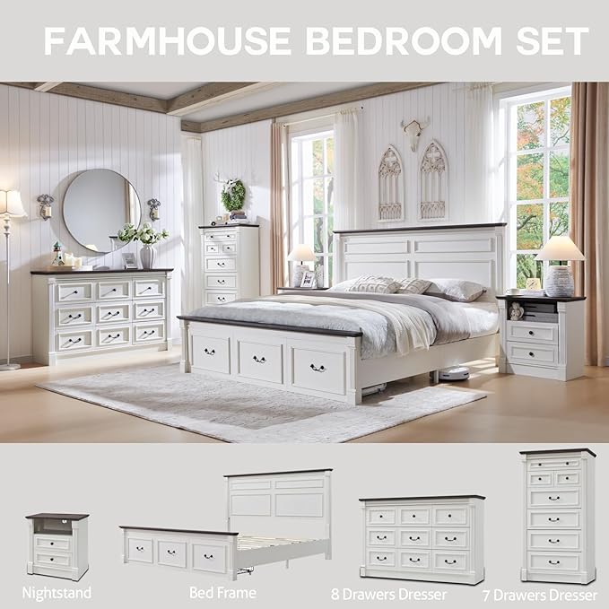 Aitjunz Farmhouse King Size Bed Frame with 51" Tall Headboard, Wood Platform Bed Frame with 20" Tall Roman Column Decoration Footboard & 3 Large Storage Drawers, No Box Spring Needed (White)