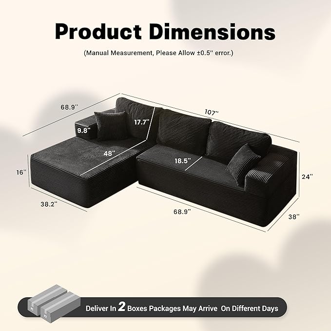107" Boneless Couch with Deep Seat, Set of Modular Sectional Sofa, Cloud Sectional Couch for Living Room, No Assembly Required, Corduroy, L-Shape Left, Black
