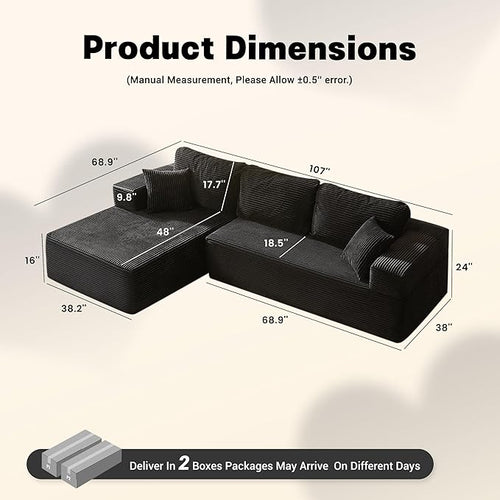 107" Boneless Couch with Deep Seat, Set of Modular Sectional Sofa, Cloud Sectional Couch for Living Room, No Assembly Required, Corduroy, L-Shape Left, Black