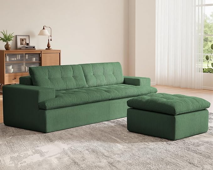 Cloud Sectional Boneless Sofa with Ottoman, Modular L Shaped Couch with Layered Cushion, Fluffy Comfy Couches for Living Room, No Assembly, Green