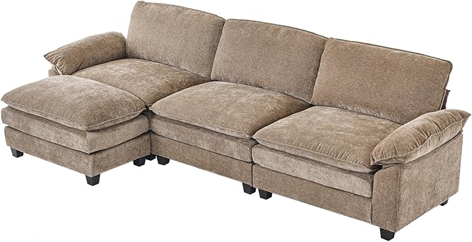 Karl home Chenille Modular Sectional Sofa 3 Seats with 1 Ottomans Sofa Couch L-Shaped Design, Comfy Upholstered Furniture for Living Room, Apartment, Studio, Office, Light Brown