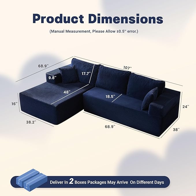 107" Boneless Couch with Deep Seat, Set of Modular Sectional Sofa, Cloud Sectional Couch for Living Room, No Assembly Required, Corduroy, L-Shape Left, Blue