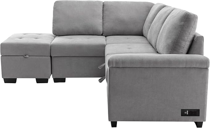 LUMISOL 87.4" Convertible Sectional Sofa with Storage Ottoman, L-Shaped Sleeper Sofa with Pull Out Bed, Storage Arm & USB Ports, Modern Velvet Sofa Couch with Chaise for Living Room, Grey