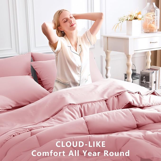 CozyLux King Size Comforter Set Pink, 7 Pieces Bed in a Bag, Pink Comforter King Size, All Season Bedding Sets with Stitch Quilted Comforter, Flat Sheet, Fitted Sheet, Pillowcases