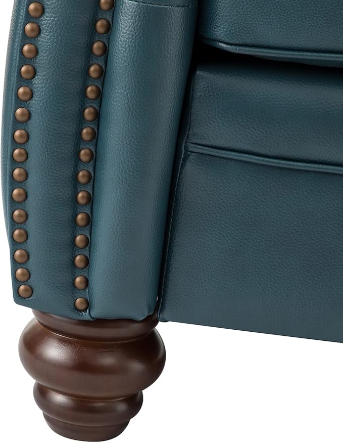 HULALA Home 81'' Genuine Leather Sofa with Nailhead Trim and Rolled Armrests, Mid-Century Modern Living Room 3-Seater Couch, Turquoise Couch with Removable Cushion for Bedroom Apartment