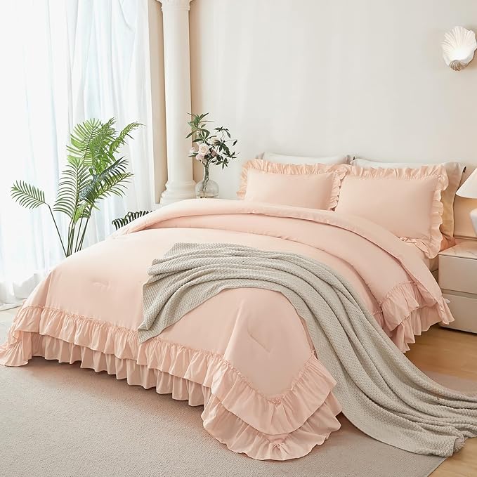 ANGIYUIN Pink Comforter Set Full Size 5 Pieces Double-Layer Ruffled Bed in A Bag with Sheets Soft Farmhouse Shabby Maicrofiber Bedding Set for Girls Women(Pink Full)