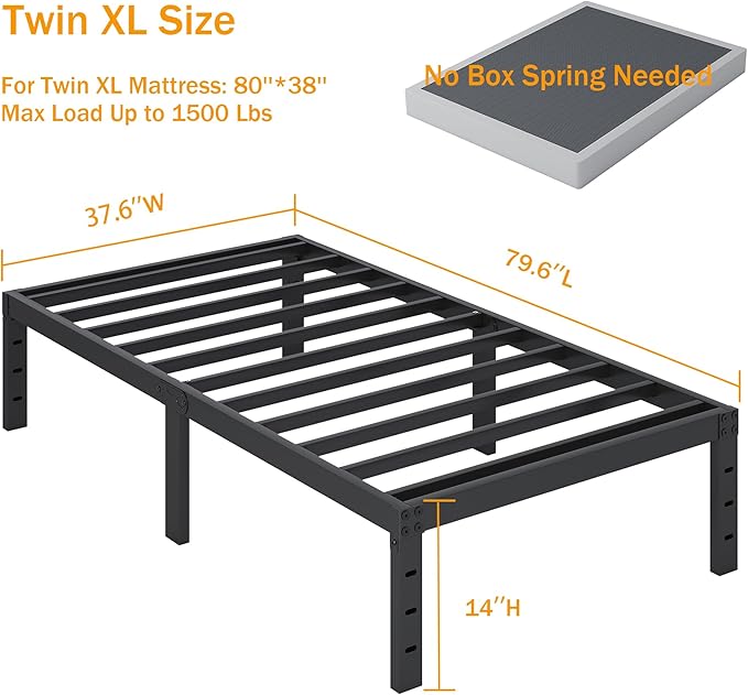 SHLAND Twin XL Bed Frames No Box Spring Needed, 14 Inch Metal Platform Bed Frame Mattress Foundation with Steel Slats Support, No Noise, Easy Assembly