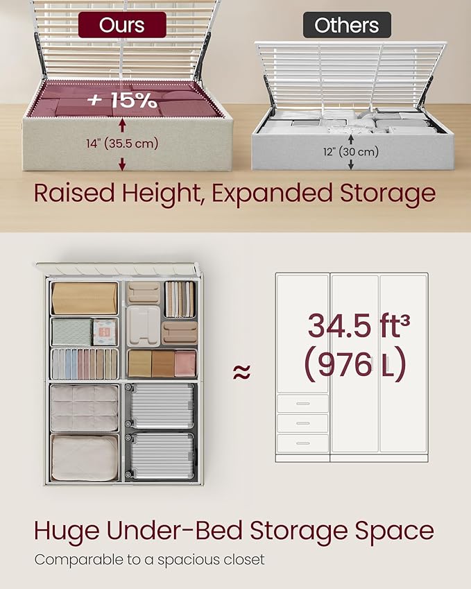 VASAGLE Lift Up Storage Bed Frame Queen Size, Hydraulic Platform Bed, with Upholstered Headboard, 1100 lb Weight Capacity, No Box Spring Needed, Easy Assembly, Modern, Cappuccino Beige URMB601W01V1