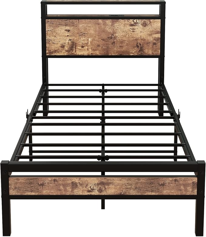 BOFENG Twin Bed Frame with Storage Headboard/USB Charging Station,Heavy Duty Metal Platform Bed Frames Twin Size No Box Spring Needed,Firm Steel Slats Support,Noise Free,Rustic Brown