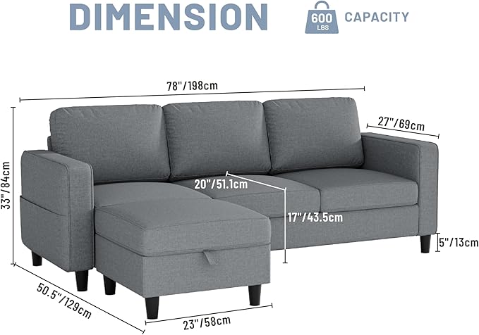 Sectional Sofas Couches for Living Room Convertible L Shaped Couch | Sofa with Ottoman, Washable Sofa Covers, 78" Small Couch, Grey Linen Fabric, 3 Seat Storage Couch