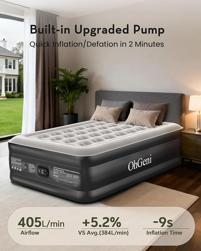 OhGeni Air Mattress Full with Built in Pump, 20" Raised Inflatable Blow up Mattress, Family Choice Award Winner, Portable Foldable Bed with Upgraded Surface for Home & Camping, 600 lbs