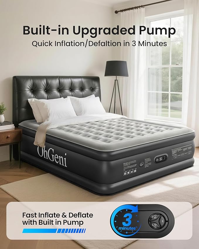 OhGeni King Size Air Mattress, Family Choice Award with Built in Pump, Ideal Alternative to a Bed, 18'' Comfortable Blow Up Colchones Inflables Mattress for Home, Guests, Portable Air Bed, 700 lbs