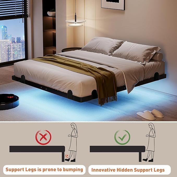 qimamo 14 Inch Floating Full Bed Frame with Smart LED Lights and Charging Station, Modern Metal Full Bed Frame, Easy to Assemble, No Box Spring Needed
