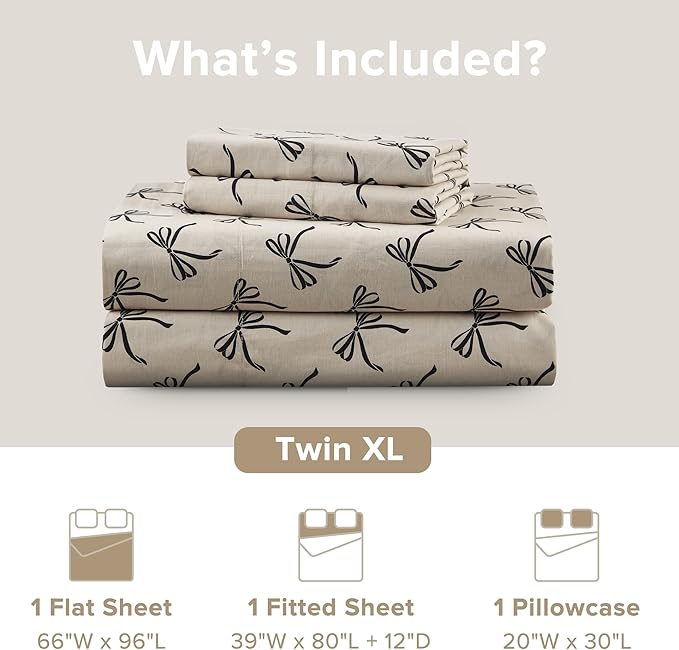 Comfort Spaces 100% Cotton Sheets Twin XL, Breathable, Naturally Cool Cotton Sheets, Cotton Bed Sheets with 12" Elastic Pocket Fits up to 14" Mattress, All Seasons Sheet Set, Bow Black/Taupe 3 Piece