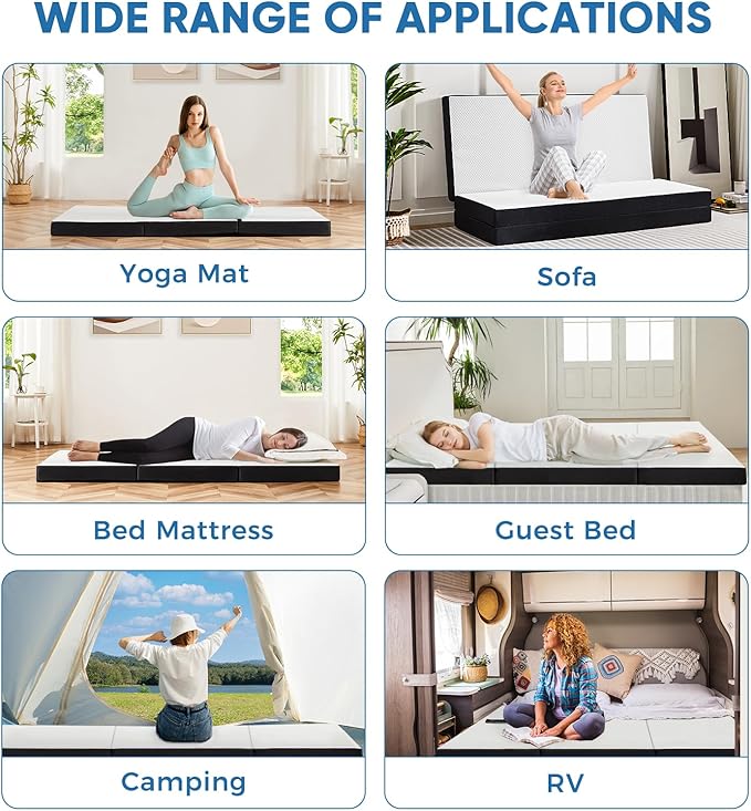OLIXIS Tri-fold Memory Foam Mattress - 4 Inch Twin Size Portable Floor Bed, Foldable Mat for Kids and Adults, Collapsible and Washable Cover with CertiPUR-US Certified, for Travel & Camping & Yoga