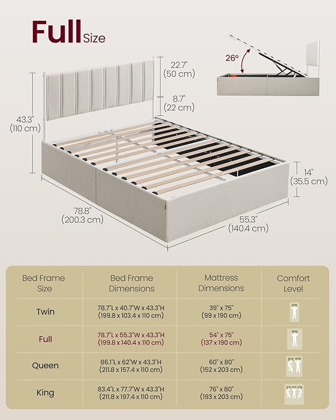 VASAGLE Lift Up Storage Bed Frame Full Size, Hydraulic Platform Bed, with Upholstered Headboard, 1100 lb Weight Capacity, No Box Spring Needed, Easy Assembly, Modern, Cappuccino Beige URMB602W01V1