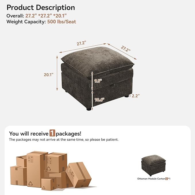 27" Large Square Ottoman with Storage, Modern Upholstered Footrest with Anti-Slip Legs for Couch Coffee Table Living Room, Bedroom, Entryway, Chenille Brown | Upholstered Footrest, Square Ottoman, Footrest, Coffee Table, Couch