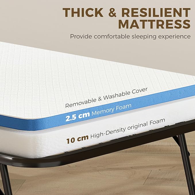 HOMCOM Folding Bed with Mattress for Adults, Long Cot Size, Portable Foldable Bed with 5" Memory Foam Mattress & Space-Saving Steel Frame, 79" x 31", Fold Up, Roll Away & Hideaway, White