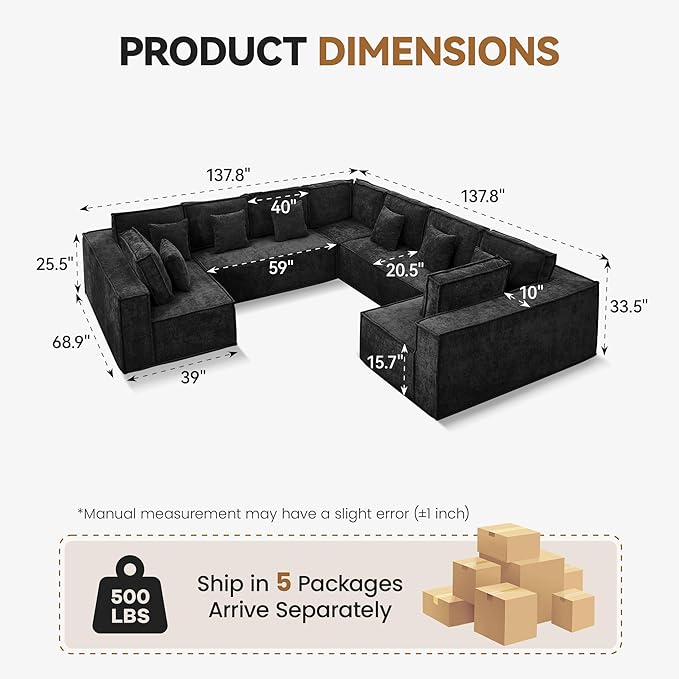 138'' Boneless Chenille U Shaped Couch, Oversized Modular Sectional 9 Seater Sofa, Modern Deep Seat Corner Cloud Compressed Couch, No Assembly Sleeper Sofa with Chaise for Living Room, Black