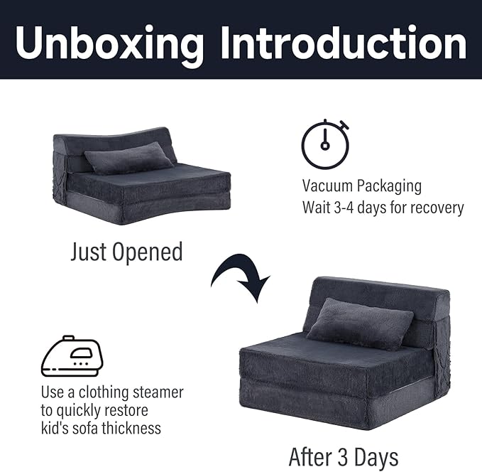 Tiita Convertible Folding Kids Sofa Bed with Pillow & Storage Bag, Plush Fabric Floor Mattress Couch Bed, Washable Cover, Kids Room, Playroom, Dorm, Apartment, Navy