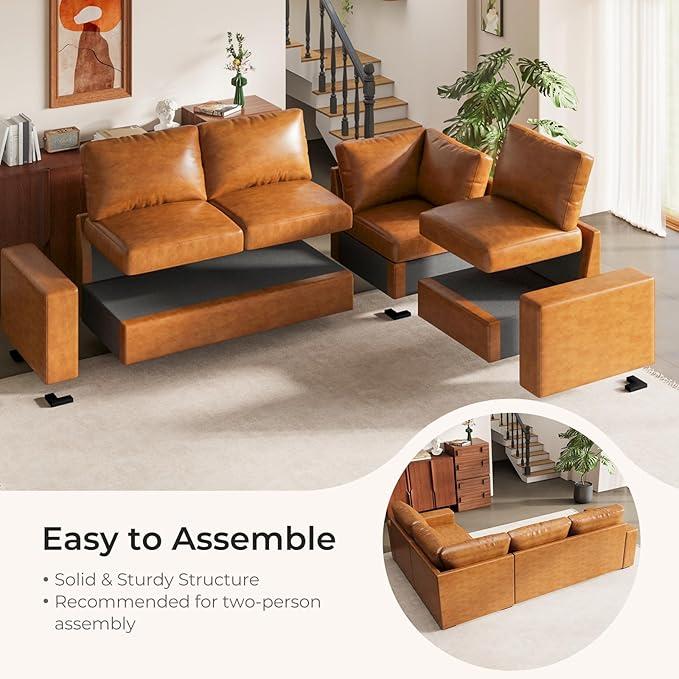 ELUCHANG 113" V-Shaped Modular Sectional Sofa Couch, Modern 4-Seat Premium Faux Leather Deep Seat Sofa with Corner, Removable Cover, Easy Assembly, Large Sofas & Couches for Living Room, Office, Brown | Spring Cushions, Easy to Clean