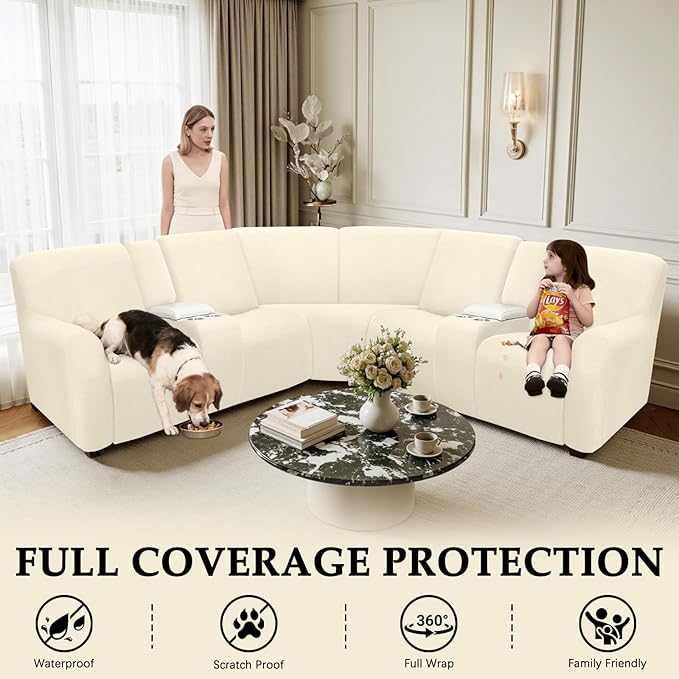 Waterproof Reclining Sectional Couch Covers Washable L Shaped Couch Cover for Sectionals Recliner Sofa Covers Stretch Corner Recliner Slipcovers for Dogs (5 Seater 2 Console Cover, Beige)