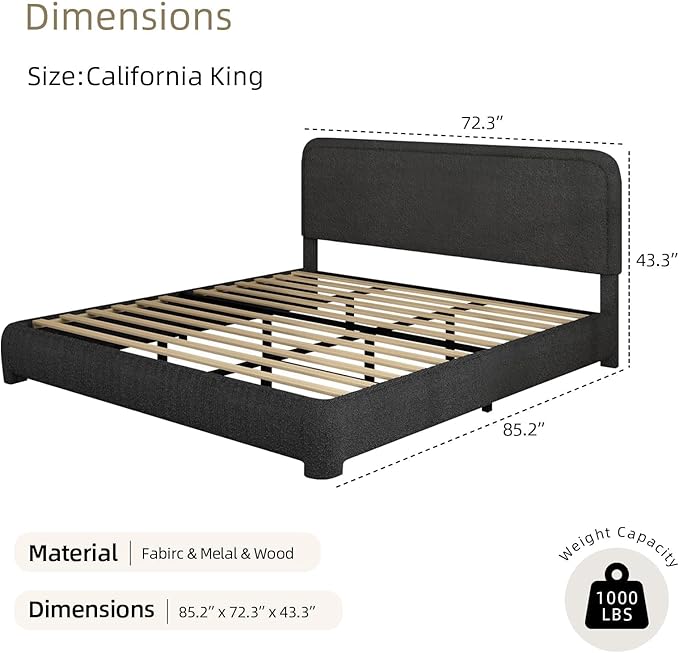 BarnFurin Boucle Upholstered California King Bed/Soft Rounded Corners Headboard/Low Profile Bed Frame/No Box Spring Needed/Non-Slip and Noise-Free/Black