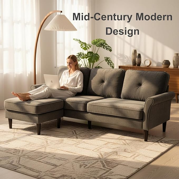 Sofas for Living Room, 83" Velvet Sectional Couch with Moveable Ottoman, Midcentury Modern Small Sectional Couch, L Shape Sofa & 2 Seater, Couches for Living Room, Apartment, Bedroom, Grey