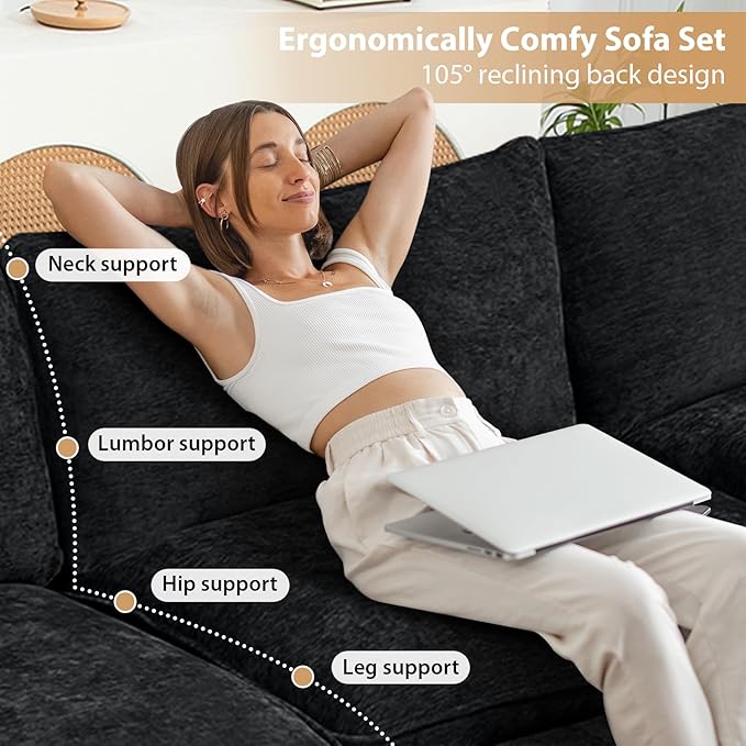 Oversized Modular Sectional Sofa, 146.5 Inch U Shaped Cloud Couch Set, 4-Seat Comfy Convertible Sofa with 2 Movable Ottoman, DIY Combination Sleeper Couch for Living Room(Chenille, Black)