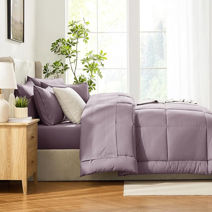 CozyLux King Size Comforter Set Dusty Purple, 7 Pieces Bed in a Bag, Purple Comforter King Size, Bedding Set with All Season Quilted Comforter, Flat Sheet, Fitted Sheet, Pillowcases