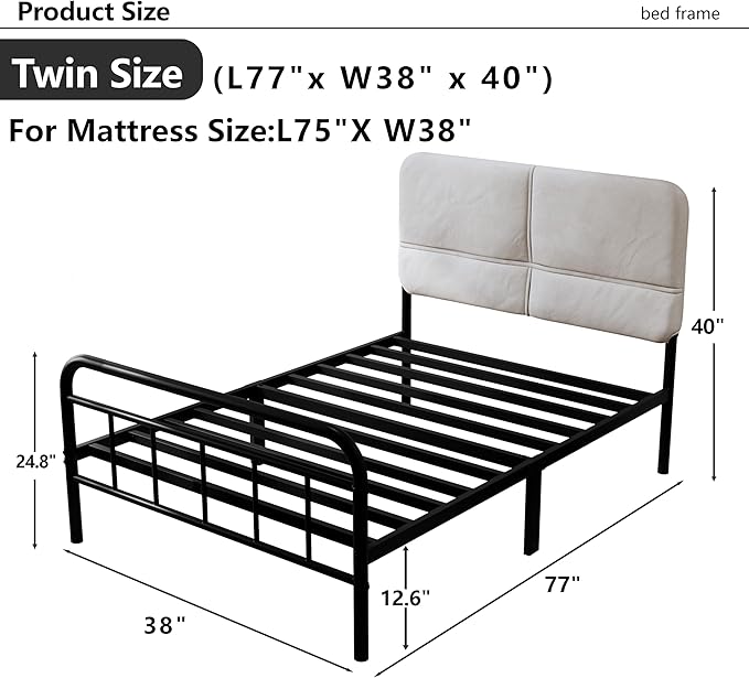 14Inch Metal Bed Frame,Twin Size Bed Frame with Upholstered Headboard,Heavy Duty Sturdy Mattress Foundation,Easy Assembly,No Box Spring Needed,White-Twin