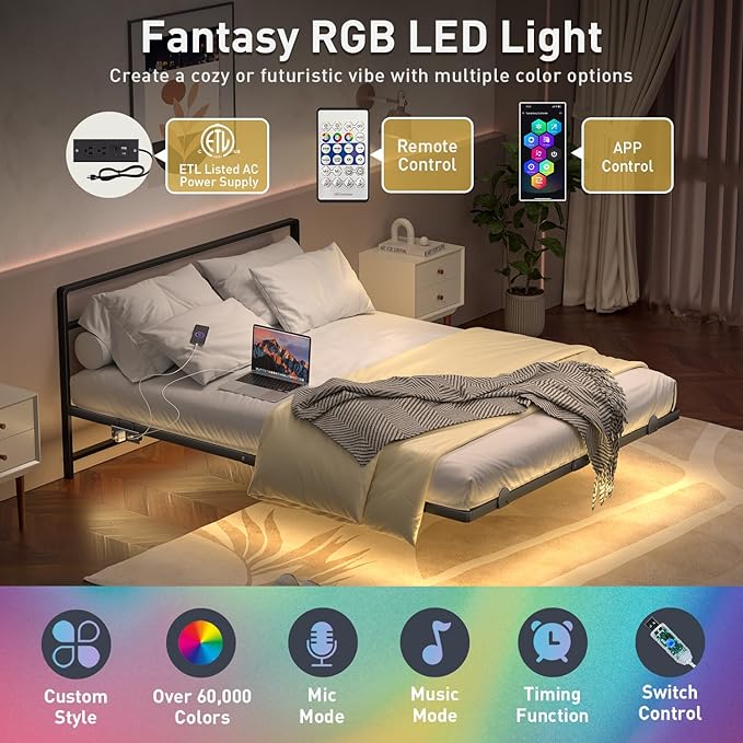 Queen Floating Bed Frame with Headboard, Modern Platform Bed Frame with LED Lights and USB Charging Station, Sturdy Metal Bed Frame for Adults, No Box Spring Needed, Easy Assembly, Noise Free Design
