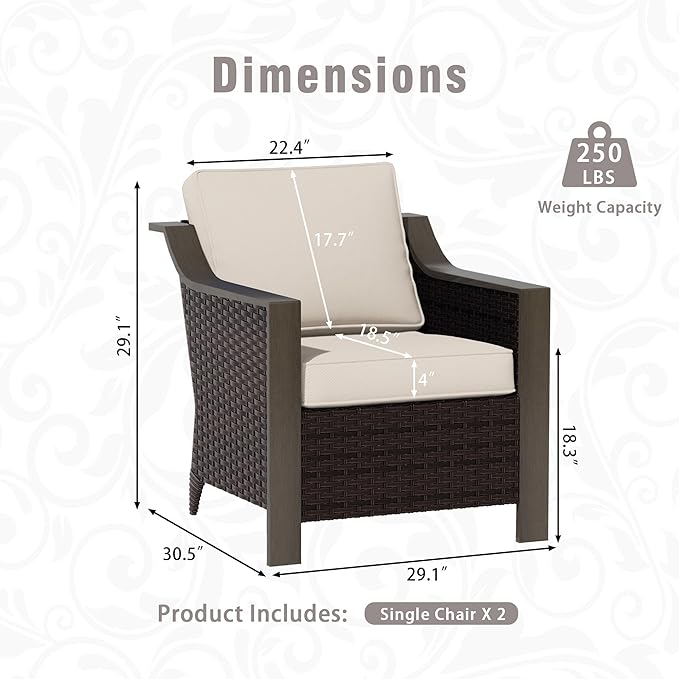 Outdoor Wicker Chair Set of 2, All-Weather Use Patio Rattan Chair with Removable Water-Resistant Cushion, Ideal for Porch, Backyard, Balcony, Poolside, Beige