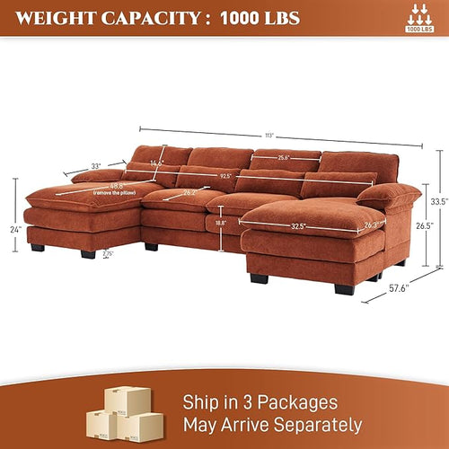 113" Cloud Couch Sectional Modular Sofa U Shaped Sectional Couches for Living Room Comfy 5-Seater Deep Seat Couch Chenille Cloud Sectional Sofa with Movable Ottoman & 4 Pillows, Orange