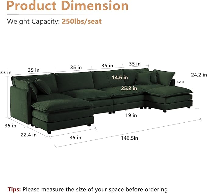 mikibama Modular Sectional Sofa, 146.5 Inch U Shaped Couch Set for Living Room, 4-Seater Comfy Cloud Couches with Two Movable Ottoman, DIY Combination, Chenille, Evergreen