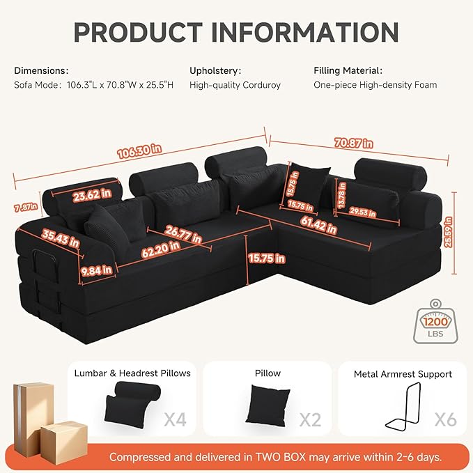 Boneless Sectional for Small Spaces, 106” L Shaped Couch from Two 70.87” Modules, Reconfigures to 141.7” Straight Sofa, Corduroy Compressed Couch in a Box with Headrest Back Pillows, Black
