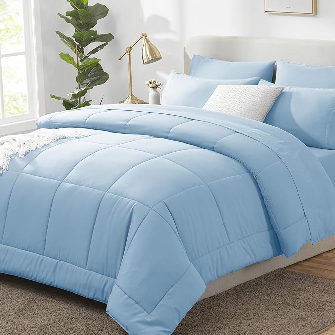 CozyLux King Size Comforter Set Baby Blue, 7 Pieces Bed in a Bag, Blue Comforter King Size, All Season Bedding Sets with Stitch Quilted Comforter, Flat Sheet, Fitted Sheet, Pillowcases