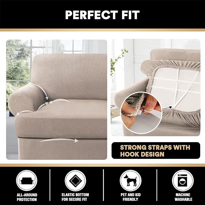 PrinceDeco T Cushion Sofa Slipcover 4 Pieces Sofa Covers for T Cushion Couch Soft Sofa Slip Covers Furniture Protector with 3 Individual T Shape Seat Covers Width Up to 88 Inch, Sand