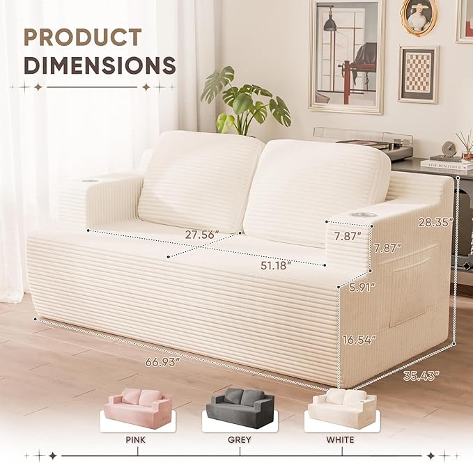 Homall 67” Cloud Couch Sofa 2 Seater Comfy Upholstered Loveseat Floor Sofa with High Density Memory Foam, No Assembly Required, Boneless Couch for Bedroom Living Room (White, Loveseat)