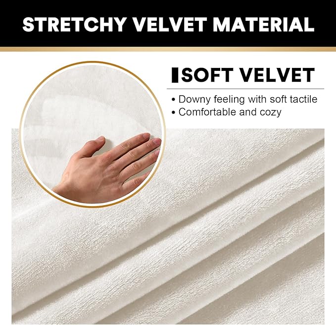 PrinceDeco Velvet Plush Couch Cover Stretch 2 Piece Chair Cover Chair Slipcover Washable Furniture Protector Couch Soft with Elastic Bottom Armchair Cover Width Up to 49 Inch(Small, Porcelain)