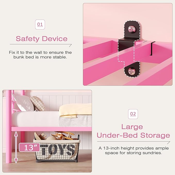 VECELO Bunk Bed Twin Over Twin, Metal Bunkbeds with Ladder and Full-Length Guardrail, No Box Spring Needed, Space Saving, Noise Free, Light Pink