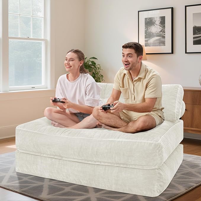HABUTWAY Folding Sofa Bed, Foldable Floor Sofa Lounge w/Dual-Pillow & Handle, Convertible Sleeper Chair Bed w/Back Support for Living Room, Bedroom, Apartment, Office, Beige, Full