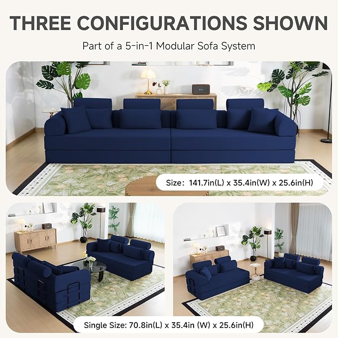 Boneless Sectional for Small Spaces, 106” L Shaped Couch from Two 70.87” Modules, Reconfigures to 141.7” Straight Sofa, Corduroy Compressed Couch in a Box with Headrest Back Pillows, Dark Blue