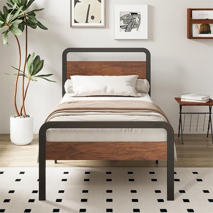 Richwanone 14 Inch Twin XL Bed Frame with Wood Headboard and Footboard, Metal Platform Frame with Steel Slat Support, No Box Spring Needed, Easy Assembly, Black