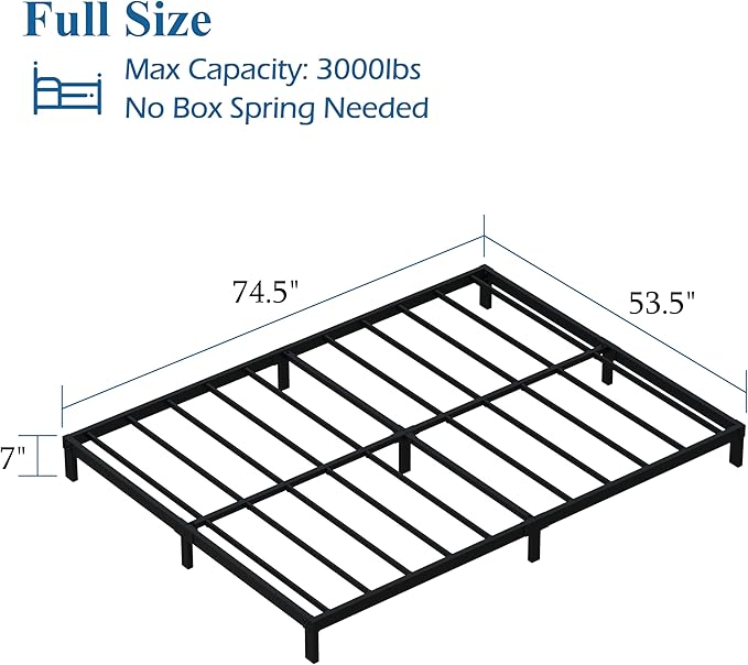 DiaOutro 7 Inch Full Size Bed Frame Heavy Duty Low Profile Metal Platform No Box Spring Needed Mattress Foundation, Easy to Assembly, Noise Free, Black