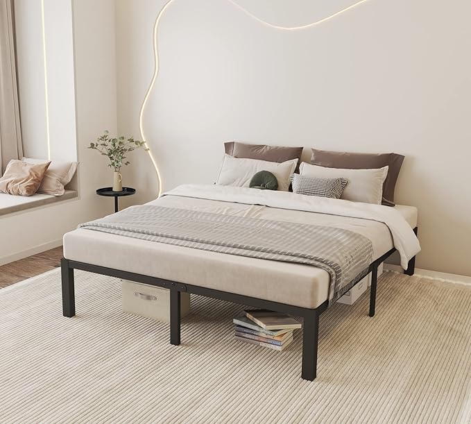 ROIL 14 inch Full Size Bed Frames with Wood Slats - 3500lbs Heavy Duty No Box Spring Needed Platform, Mattress Stoppers Double Metal Noise Free Bedframe with Headboard Hole