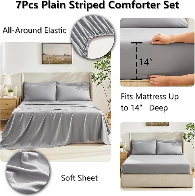CozyLux Queen Comforter Set Grey, 7 Pieces Bed in a Bag, Gray Comforters Queen Size, All Season Bedding Sets with Stitch Quilted Comforter, Flat Sheet, Fitted Sheet, Pillowcases