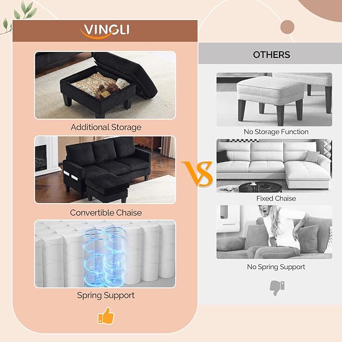 VINGLI 68.5' L Shaped Couch with Movable Storage, Convertible Sectional Sofa in Corduroy Fabric, Modern Reversible Chaise Couch for Small Spaces, Apartment, Living Room，Black